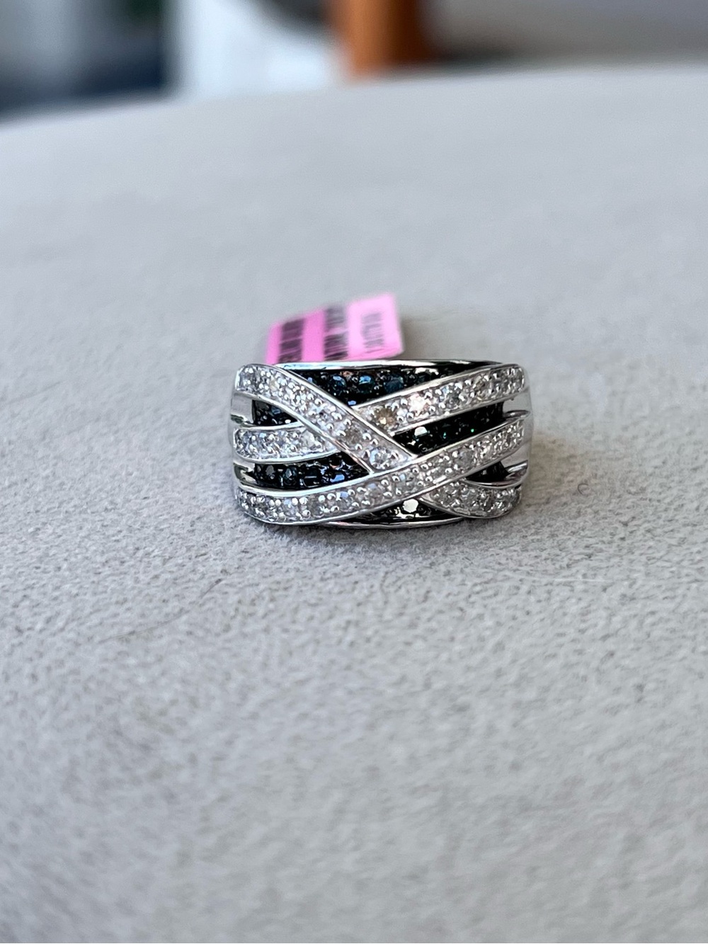 Sterling Silver Natural Black And White Diamond Crisscross Band Ring Size 7
